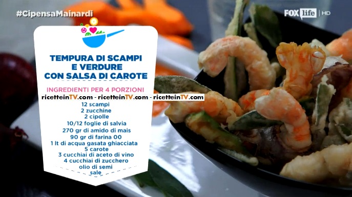 tempura di scampi e verdure con salsa di carote