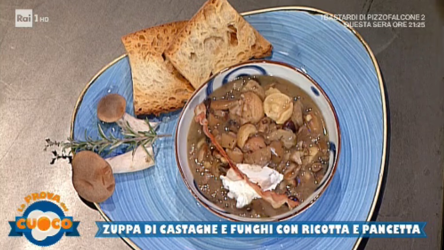 zuppa di castagne e funghi con ricotta e pancetta